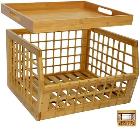 Bamboo Stackable, Open Front, Medium Storage Bins with Serving Tray Lid | Amazon (US)