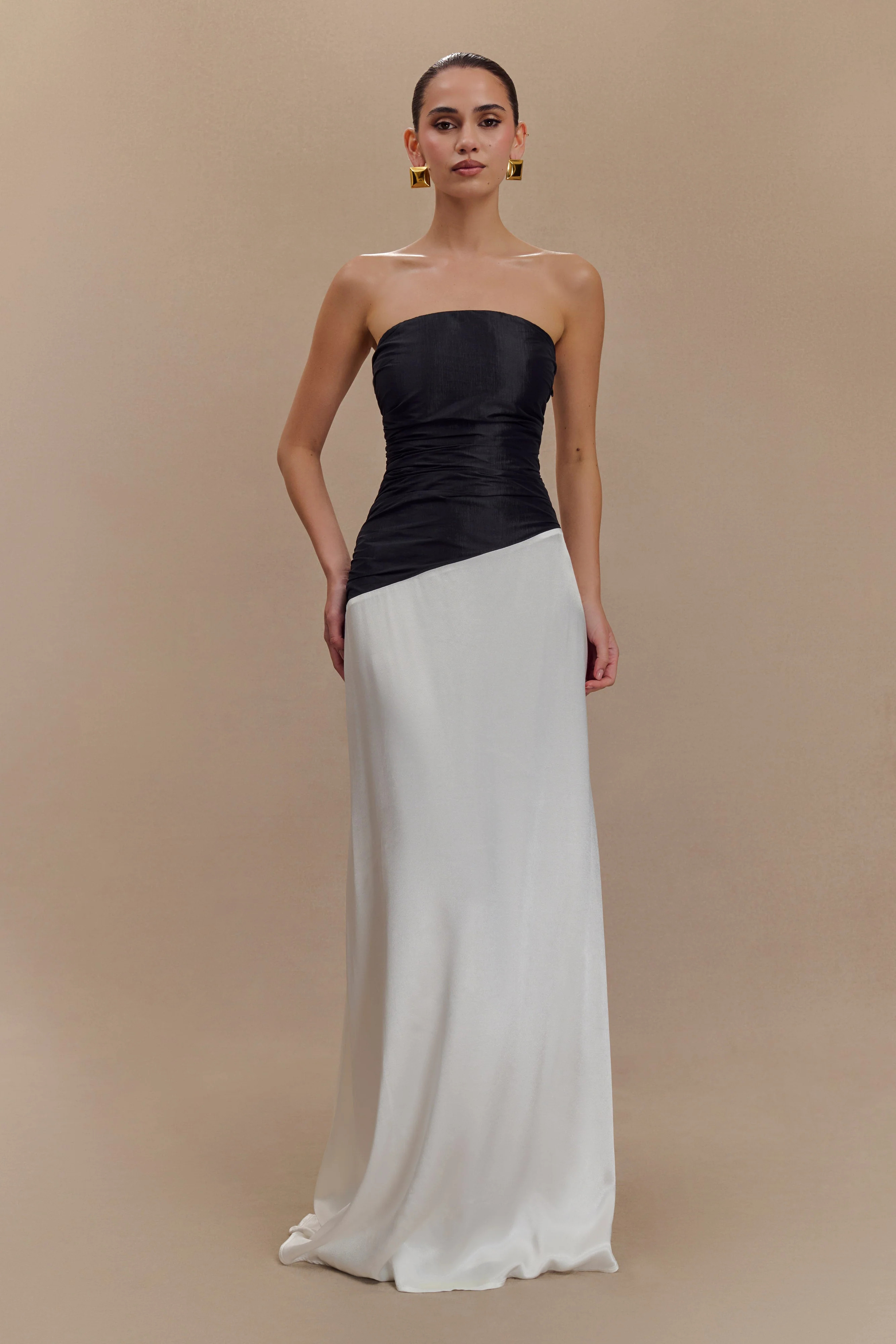 Serena Strapless Taffeta Maxi Dress - White/Black | MESHKI US
