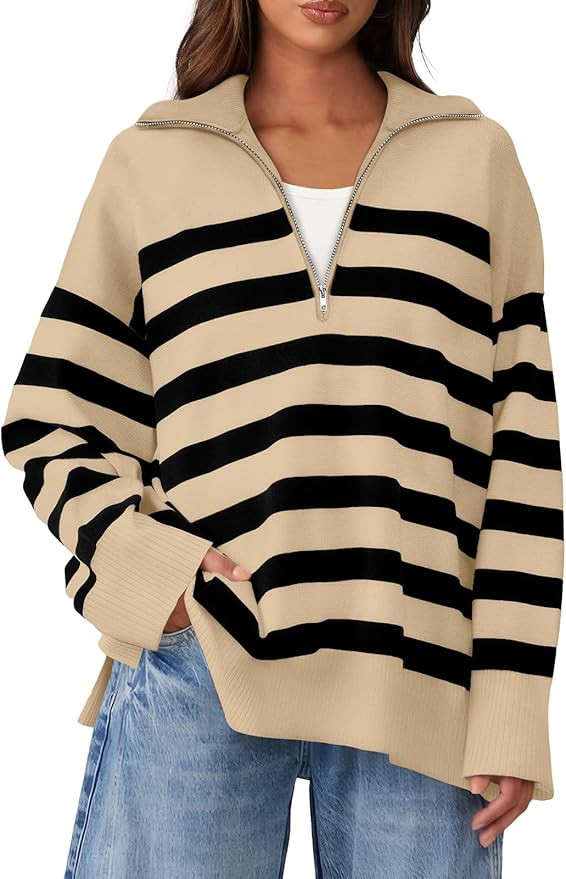 WIHOLL Womens Sweaters Long Sleeve Casual Half Zip Lapel Collar Stripe Pullover Tops Side Slit Sw... | Amazon (US)