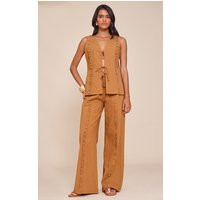 Tan Linen Look Wide Leg Drawstring Pants | PrettyLittleThing US