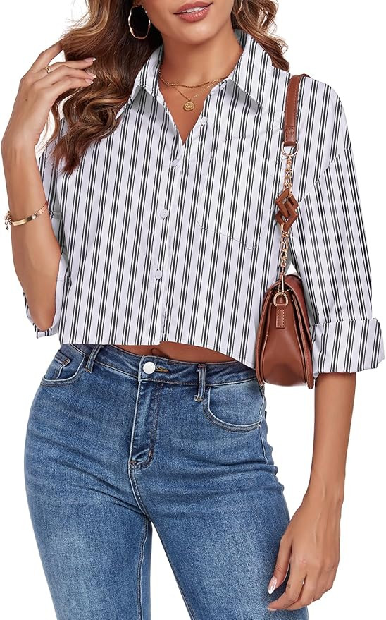 Women's Button Down Shirt Cropped Oversize Boyfriend Long Sleeve Collared Crop Loose Blouses with... | Amazon (US)