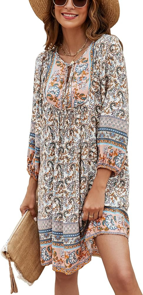 Bluetime Women Casual Summer Dress Boho V Neck 3/4 Sleeve Short Babydoll Floral Print Flowy Beach... | Amazon (US)