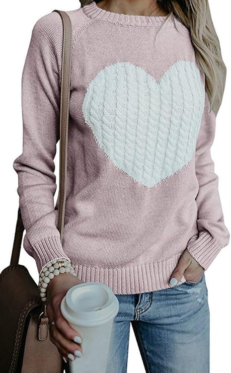 EC ELEGANTCHARM Women's Pullover Sweaters Knitted Long Sleeve Crewneck Heart Patchwork Jumper Coz... | Amazon (US)