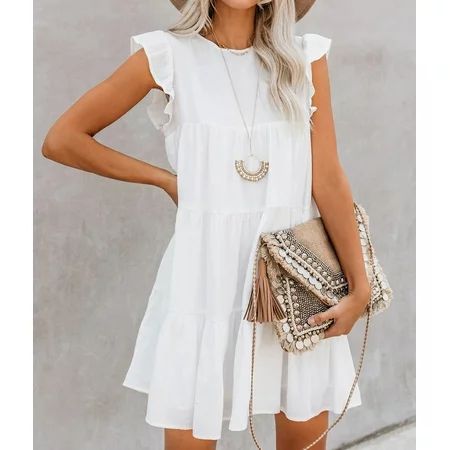 Women's White Pocket Tiered Ruffled Mini Dress | Walmart (CA)