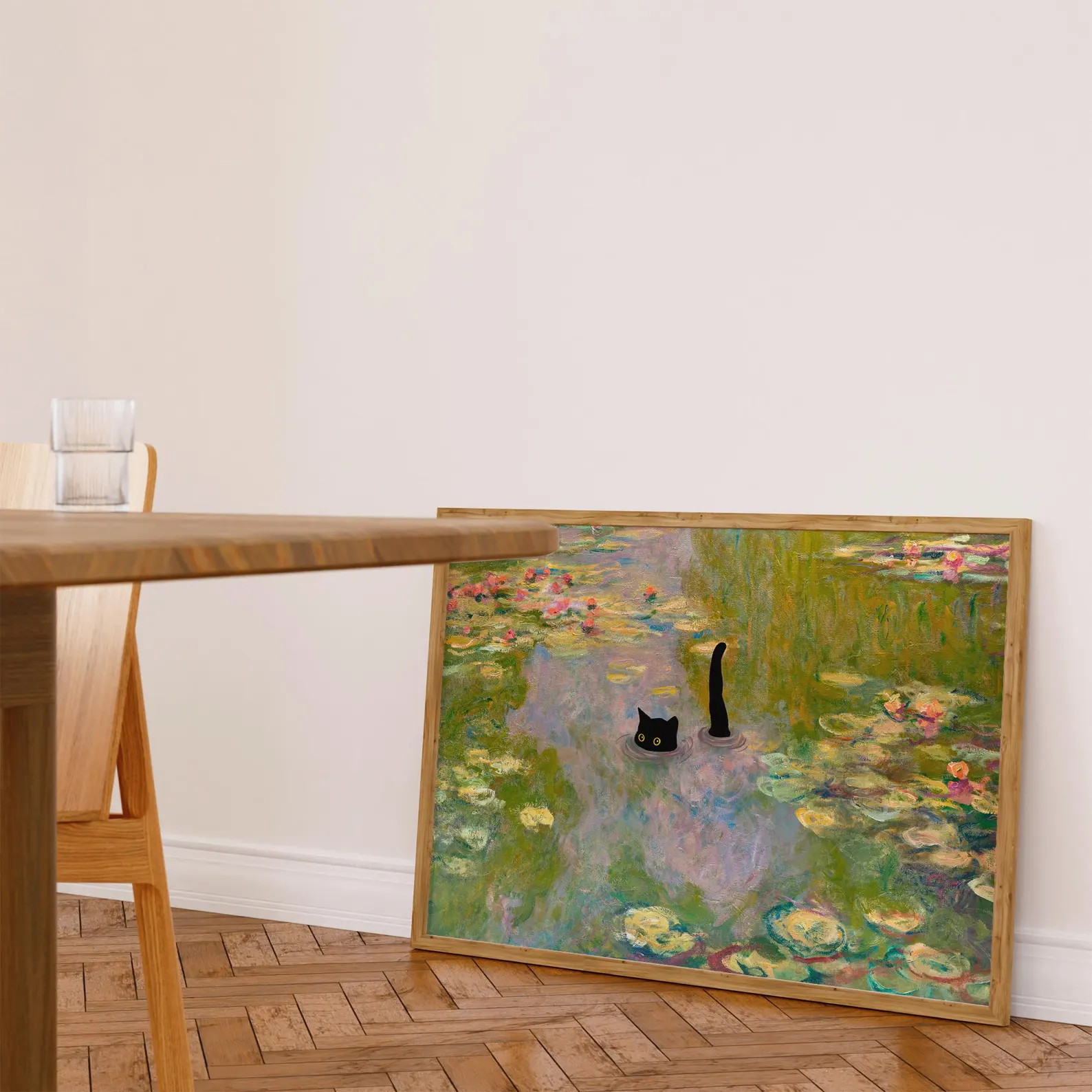 Cat Print Monet Waterlily Funny Gift Poster Black Cat Swimming Wall Art Home Decor | Etsy (Global)