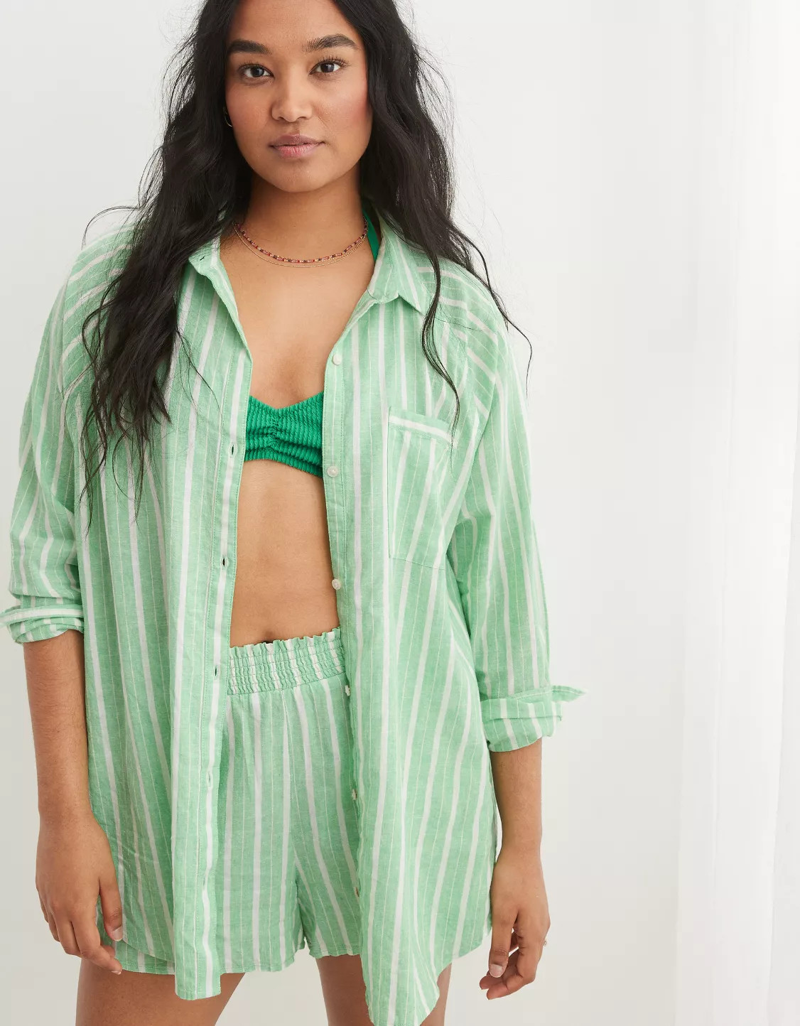 Aerie Pool-To-Party Linen Blend Cover Up Shirt | American Eagle Outfitters (US & CA)