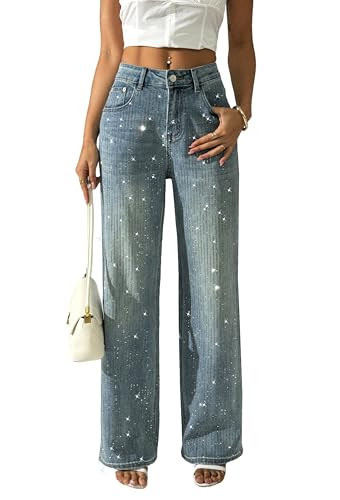 heipeiwa Women's Rhinestone Jeans Wide Leg Denim Pants High Waist Sparkle Shiny Glitter Sequin Trouser Outfit Light Blue | Amazon (US)