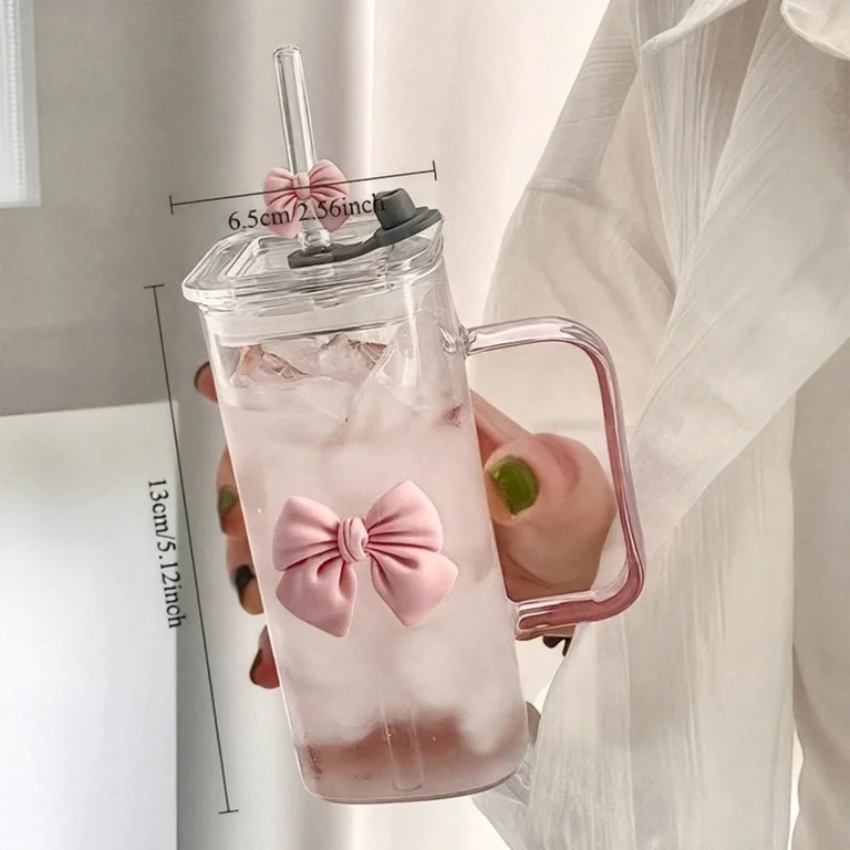 400ML Valentine Decoración Lazo Rosa Asa Vaso de Vidrio Tapa con Popote Transparente Utensilios ... | Walmart (US)