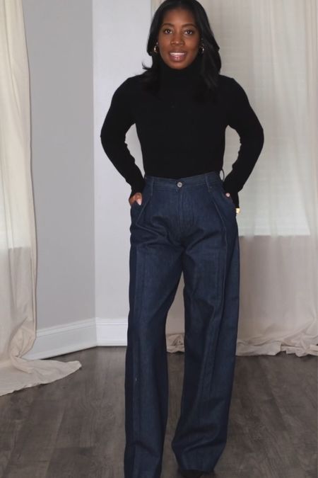 Cashmere black turtleneck fall winter fashion dress wide leg jeans 

#LTKstyletip