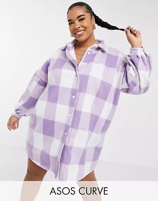 ASOS DESIGN Curve mini fleece shirt dress in lilac and white check | ASOS (Global)
