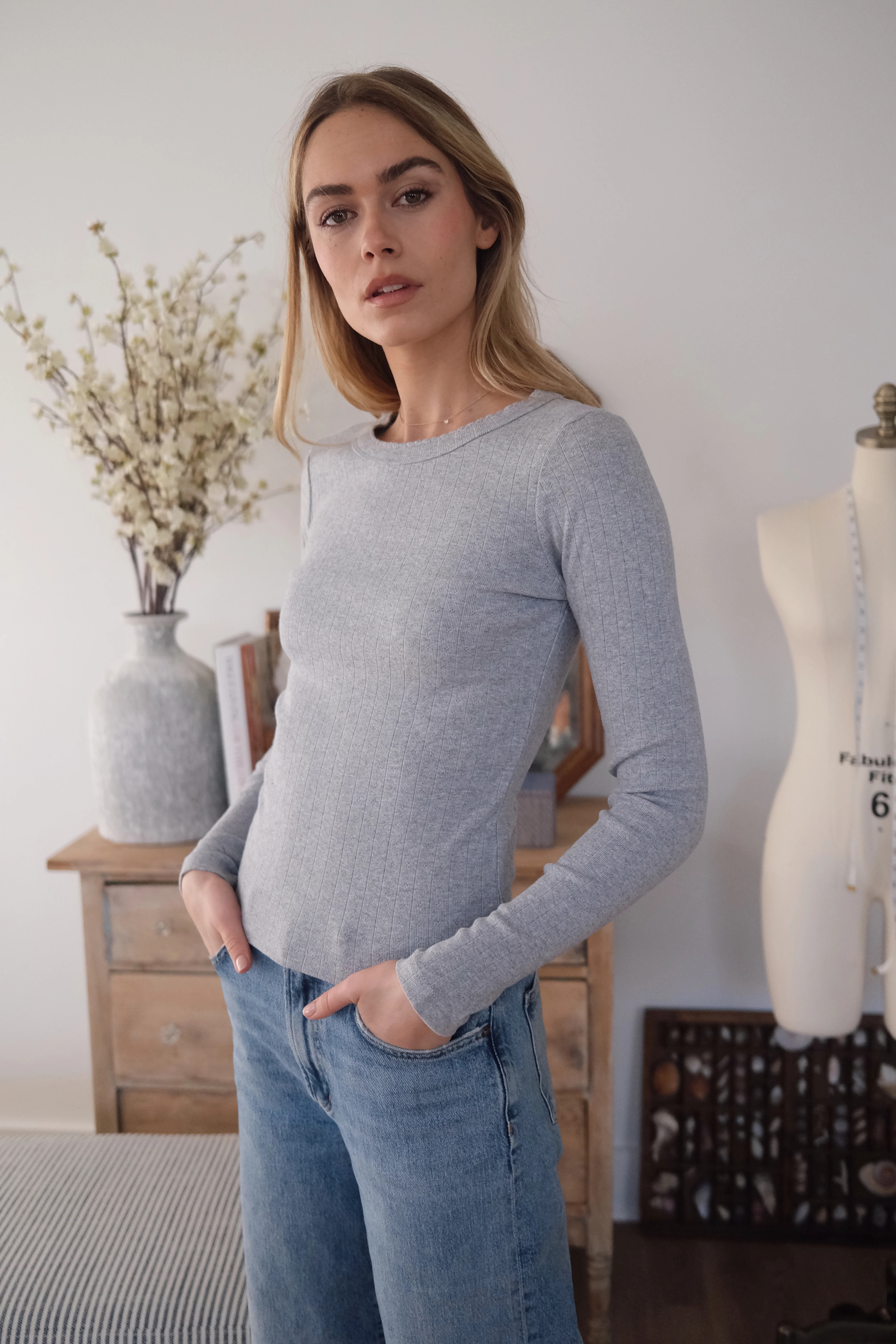 Pointelle Long Sleeve Crewneck - Grey | Marea