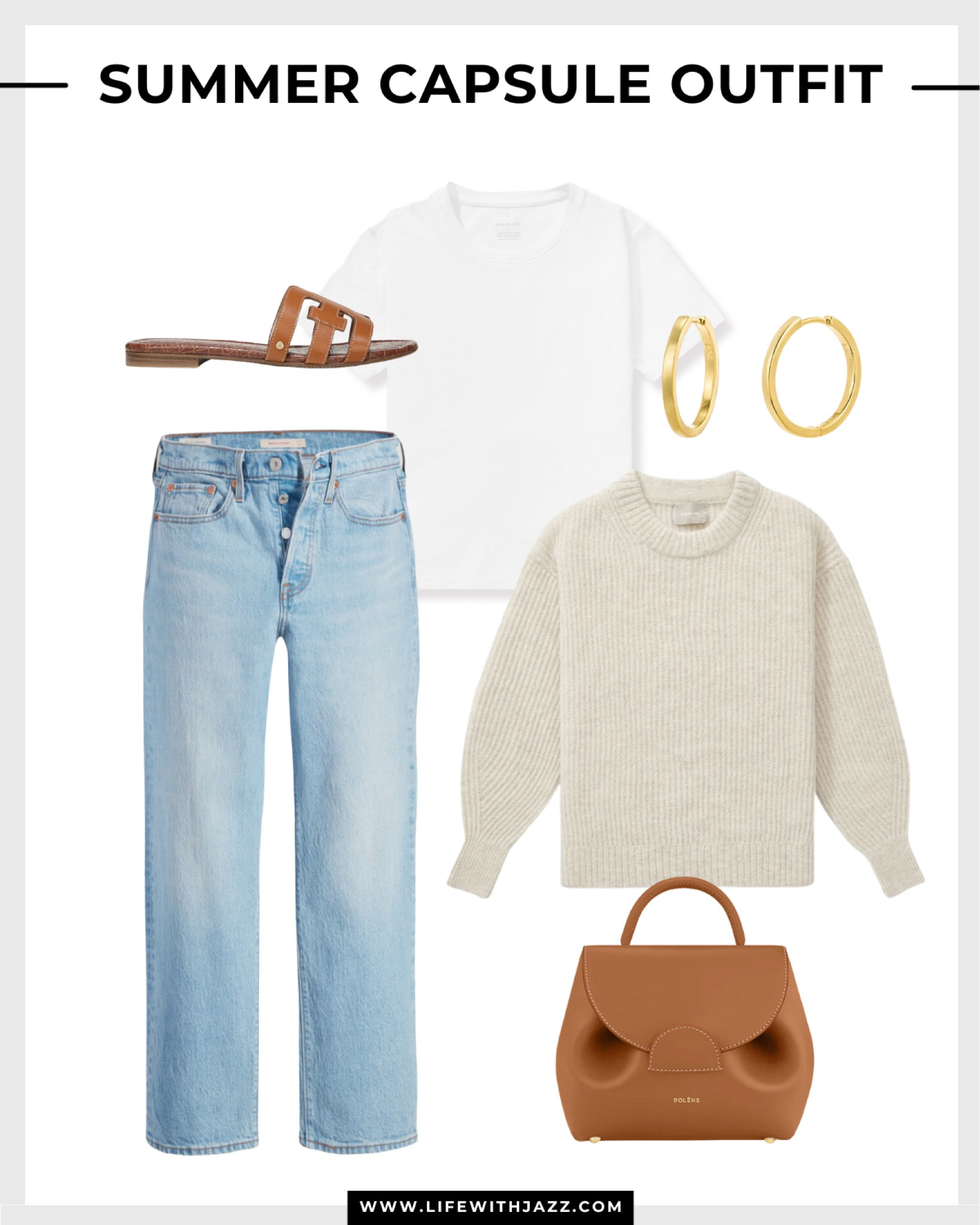 Casual summer capsule outfit 

Light blue jeans / white tee / knit sweater / brown sandals / brown purse / gold hoops / brunch outfit / weekend outfit / summer style / minimal 

#LTKSeasonal #LTKStyleTip