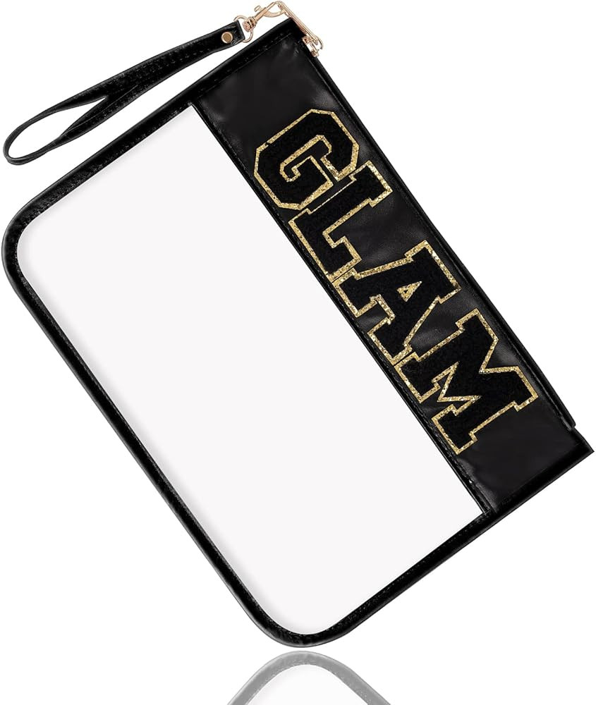 Chenille Letter Clear Bag Glam Purse Pouch, Monogram PVC & PU Clear Zipper Pouch with Wristlet, W... | Amazon (US)