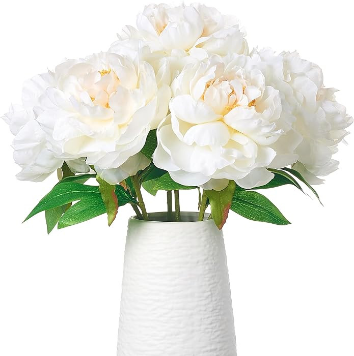 Ivory White Peonies Artificial Flowers, 6 Pcs 16 Inch Realistic Faux Silk Peonies Flowers for Vas... | Amazon (US)