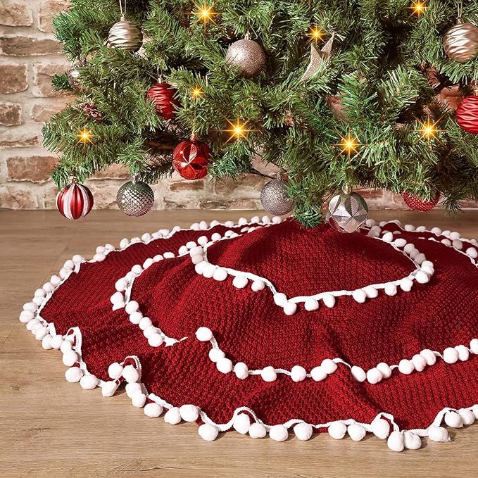 YIRDDEO 48 Inches Knitted Knit Christmas Red Tree Skirt, 3 Layers White Pom Pom Luxury Thick Xmas... | Amazon (US)