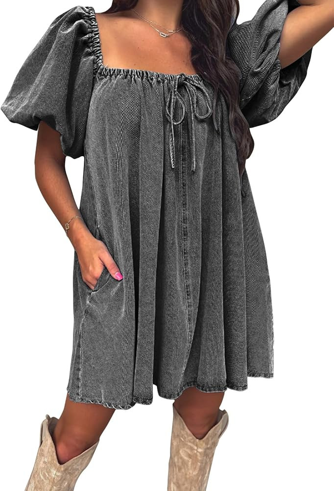 EXLURA Womens Summer Denim Short Puff Sleeve Dresses Knit Loose Plus Size Short Mini Dress 2025 T... | Amazon (US)