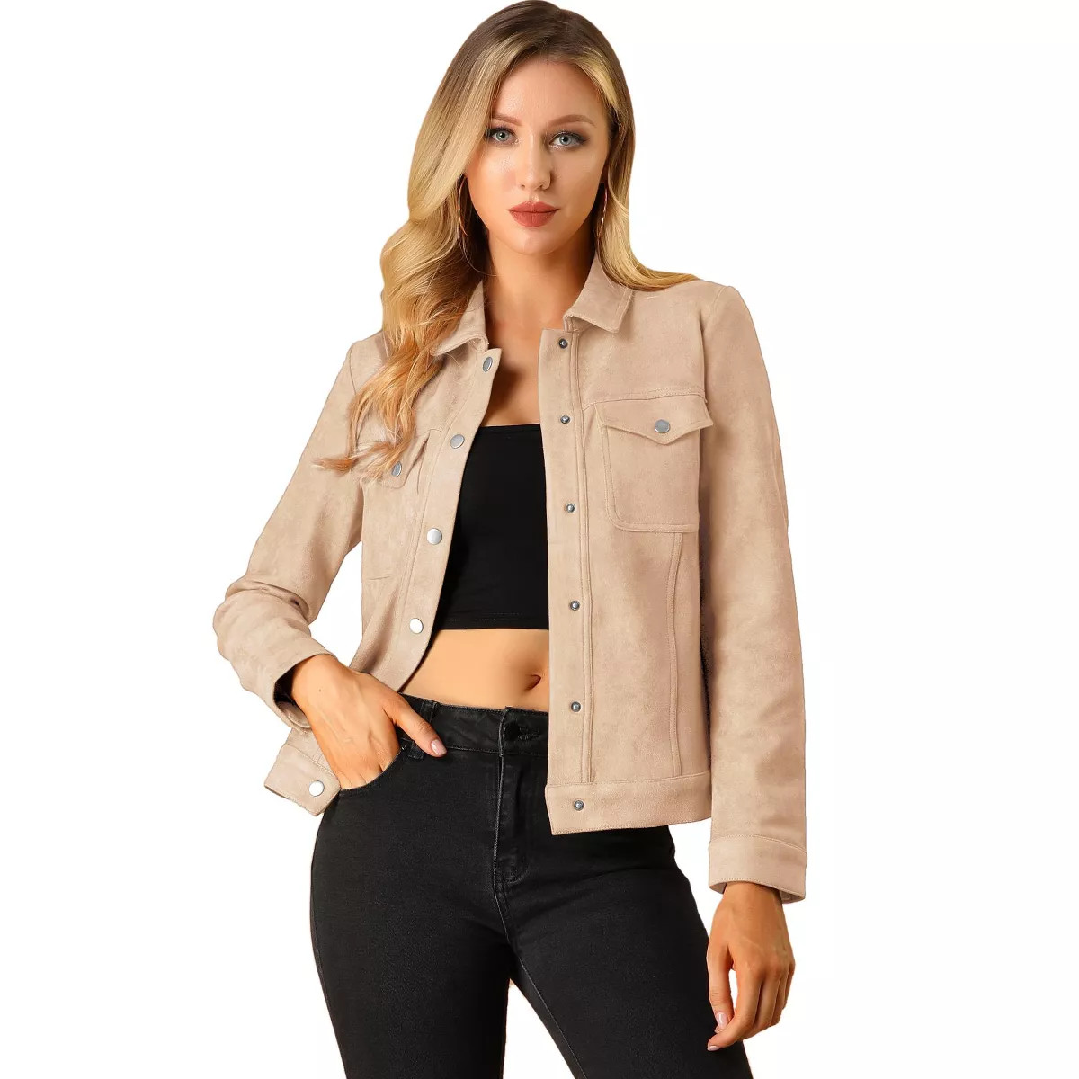 Allegra K Women's Turn-Down Collar Flap Pockets Snap Button Faux Suede Jacket | Target