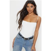 White Slinky Square Neck Spaghetti Strap Bodysuit | PrettyLittleThing CAN