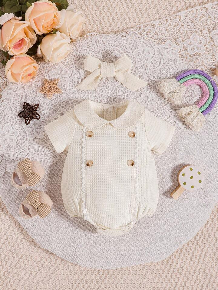 Baby Button Detail Lace Trim Bodysuit & Headband | SHEIN