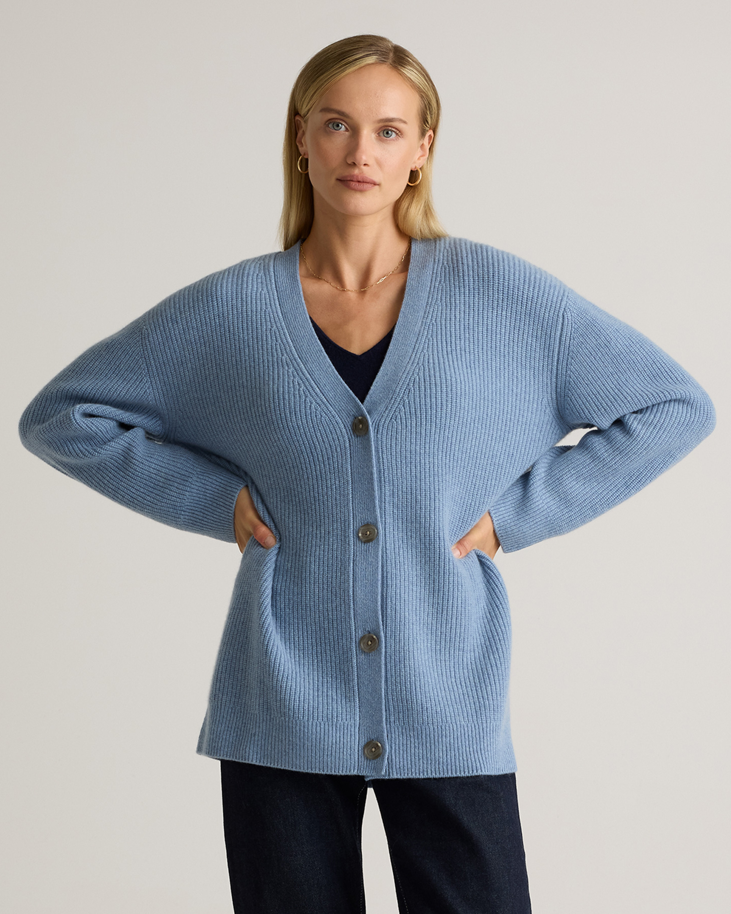 Quince | Women's Mongolian Cashmere Oversized Boyfriend Cardigan Sweater in Faded Denim, Size Large | Quince