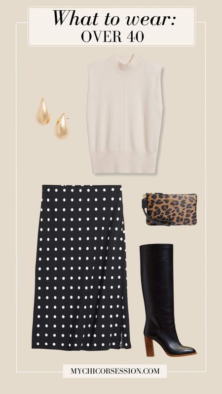Start with this midi slip skirt, featuring a small playful yet classic pattern that brings depth and movement to the piece. Pair your skirt with this cashmere top. A pair of knee-high boots make for the sophisticated touch known around the world, while a pair of teardrop stud earrings introduce a touch of modernity and felinity to the ensemble. 

#LTKworkwear #LTKover40 #LTKstyletip