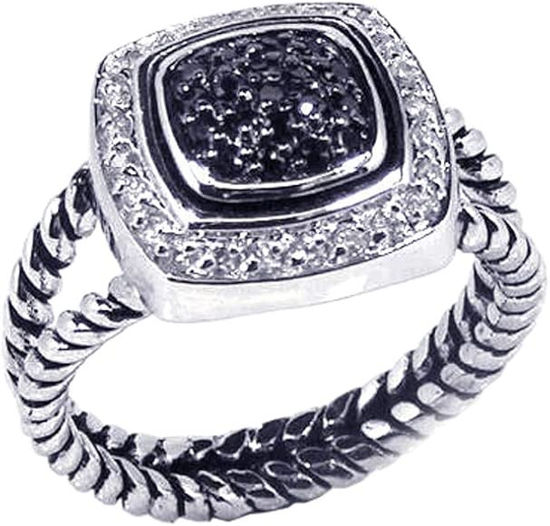 Sterling Silver Rhodium Plated, White & Black CZ Rope Design Band Womens Ring | Amazon (US)