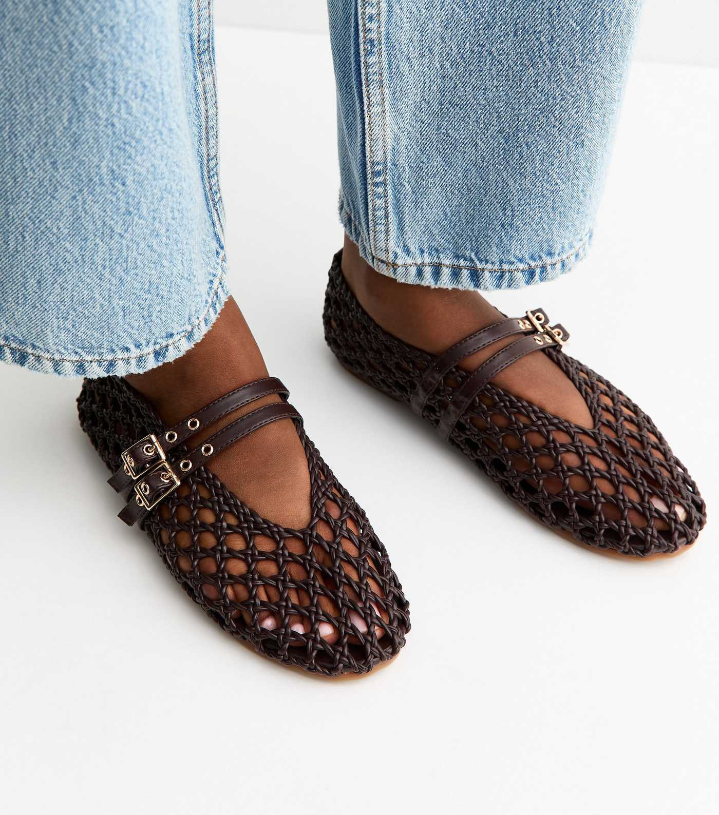 Brown Woven Faux Leather Mary Jane Flats | New Look | New Look (UK)
