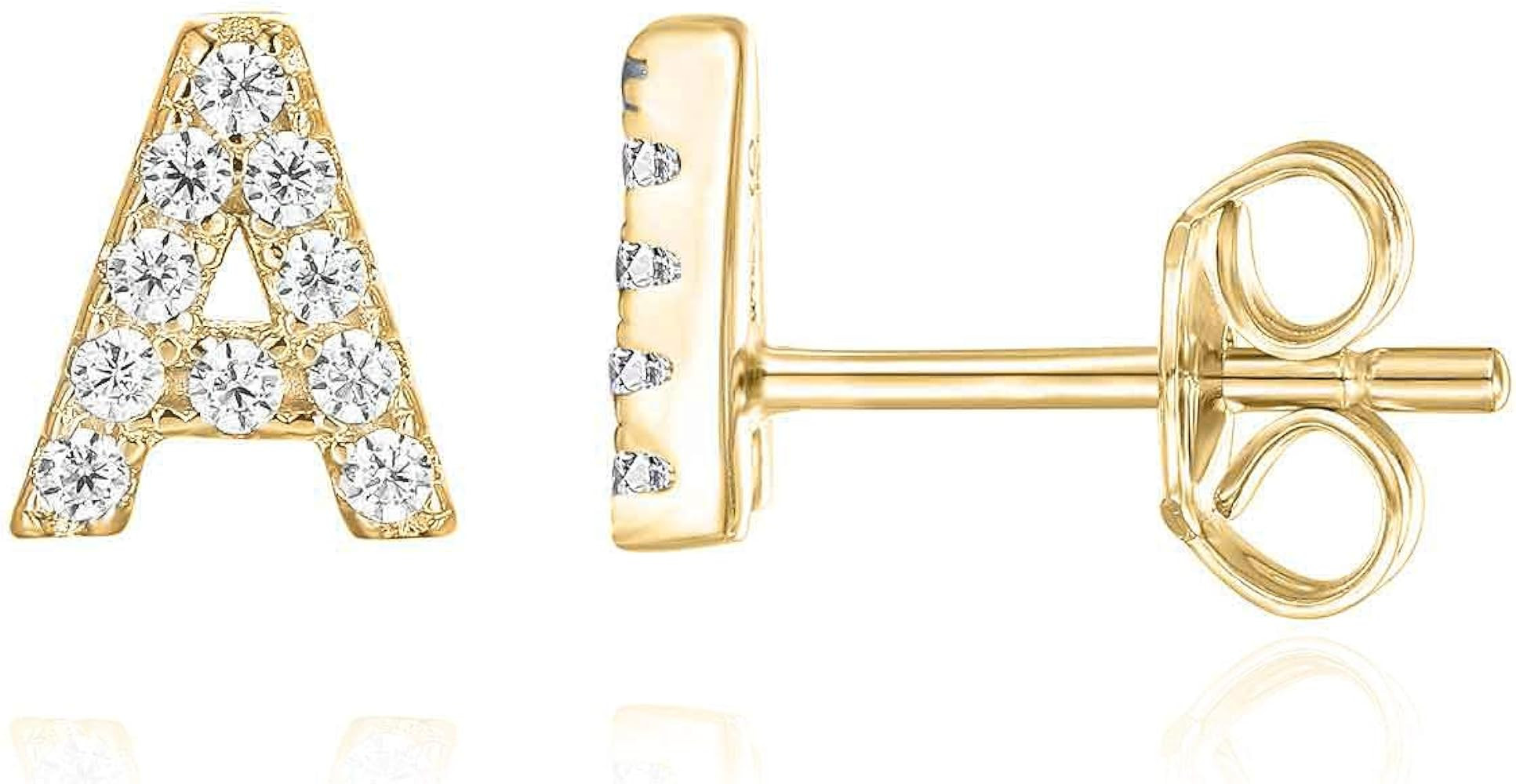 PAVOI 925 Sterling Silver, 14K Gold Plated, CZ Simulated Diamond Stud Earrings Fashion Alphabet L... | Amazon (US)