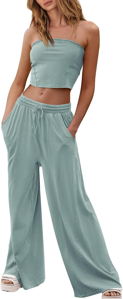 Yanekop Womens 2 Piece Lounge Set Tube Top and Pants Set Travel Sexy Two Piece Outfits Summer Bea... | Amazon (US)