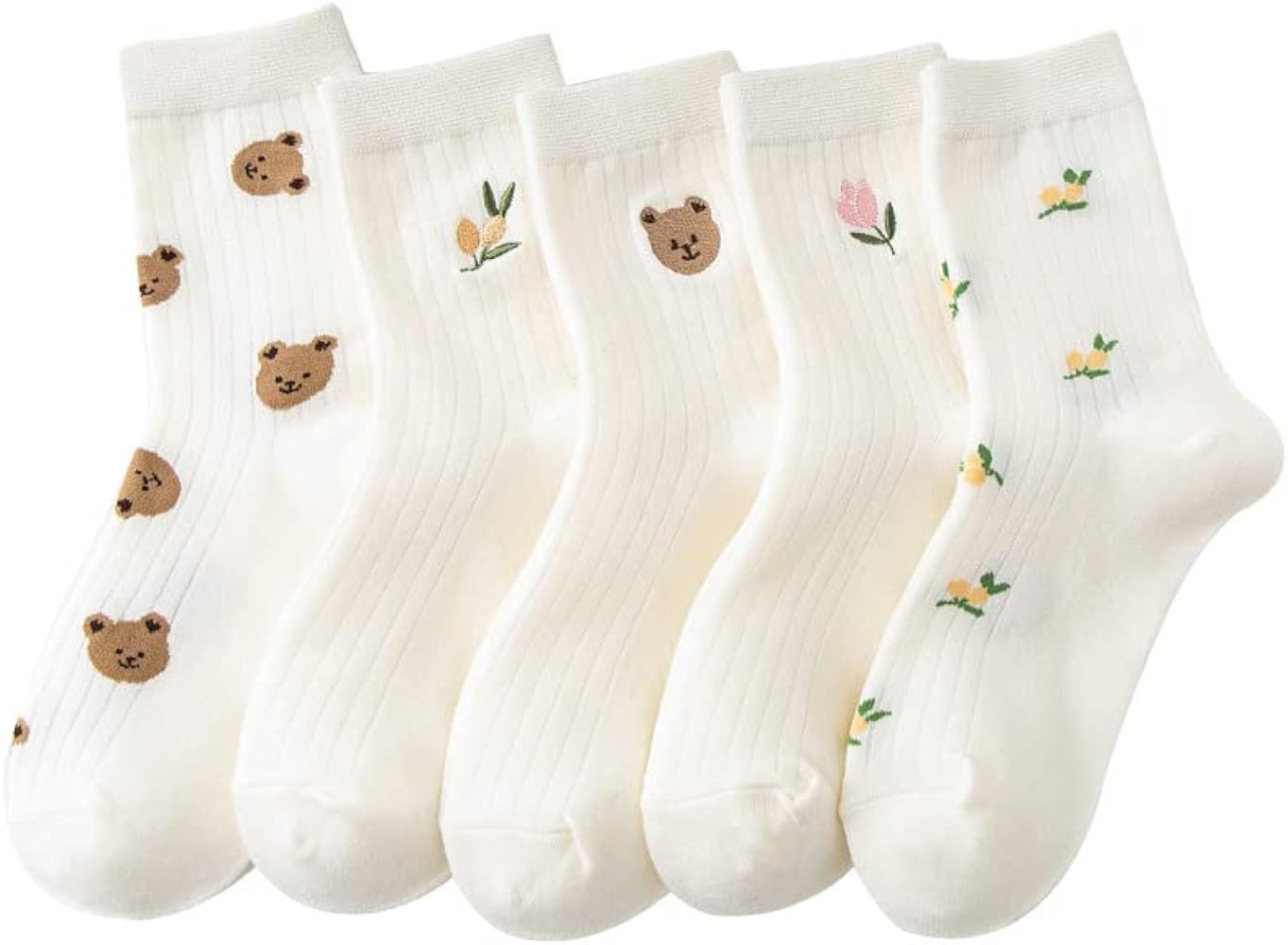 Women's 5 Pairs Bear Preppy Cute Crew Socks Kawaii Fairycore Flower Knitting Ankle Socks Cutecore... | Amazon (US)