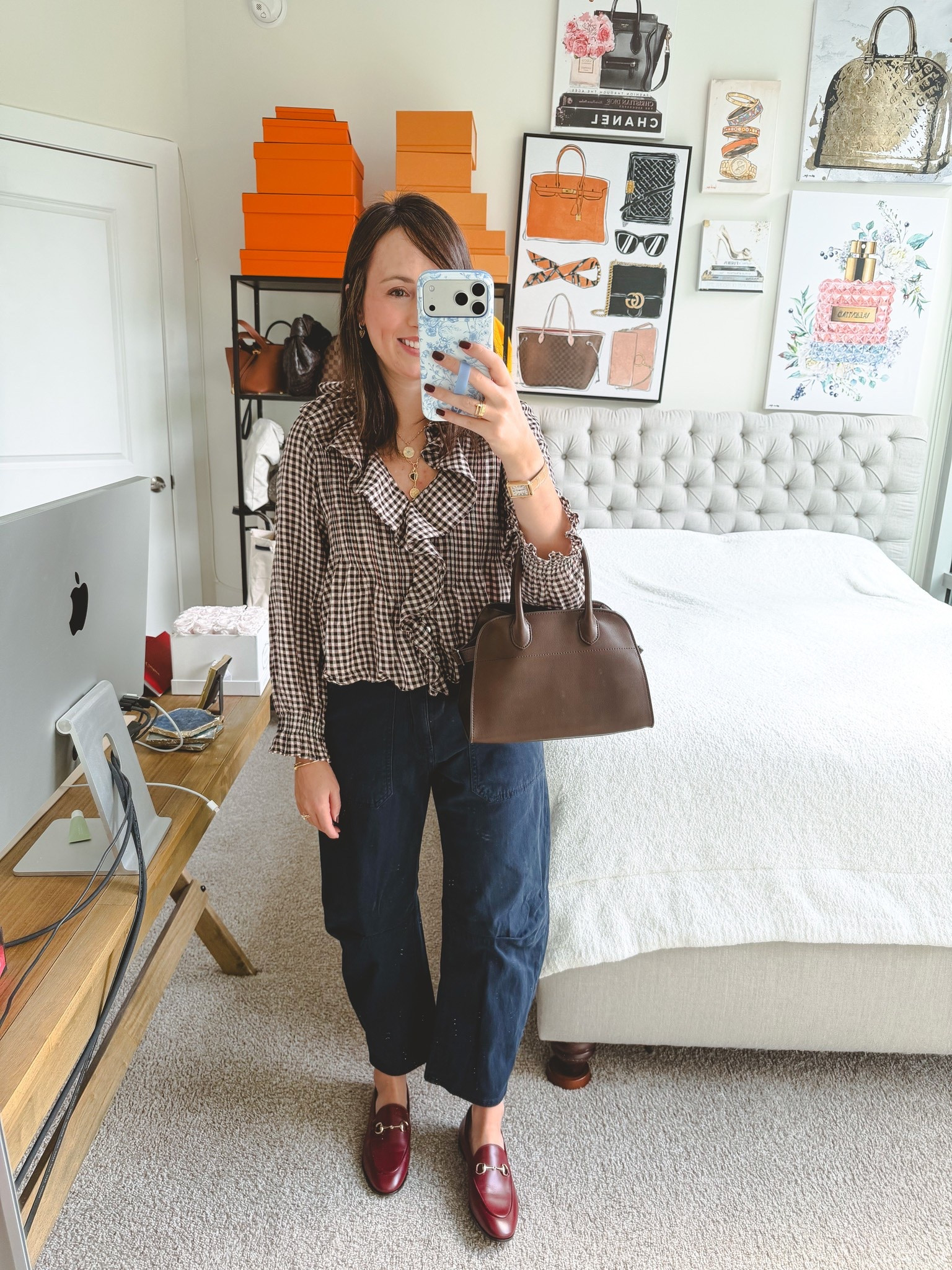 Fall outfit with doen top and barrel leg jeans