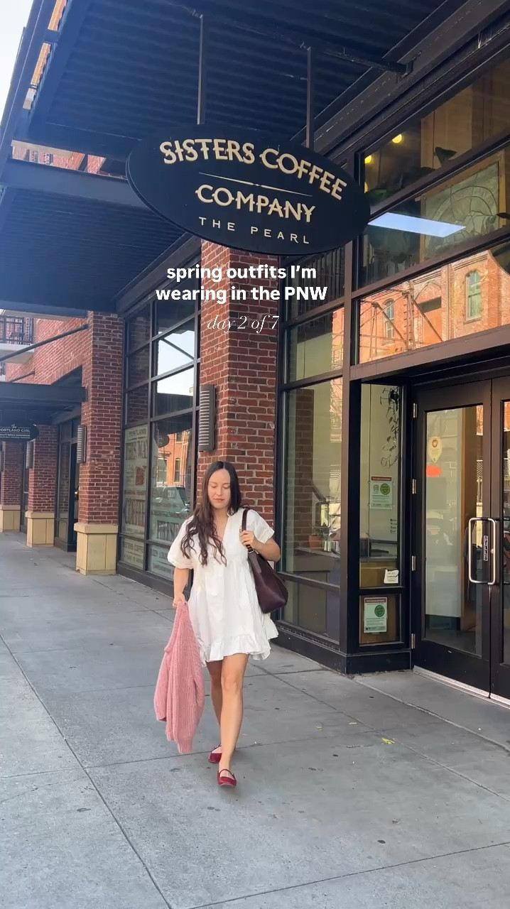 Styling my Portland leather flora shoulder bag! Paired it with red ballet flats, Sezane Emile cardigan, & white denim mini dress by free people ☕️ 

#LTKTravel #LTKItBag #LTKSummerEdit