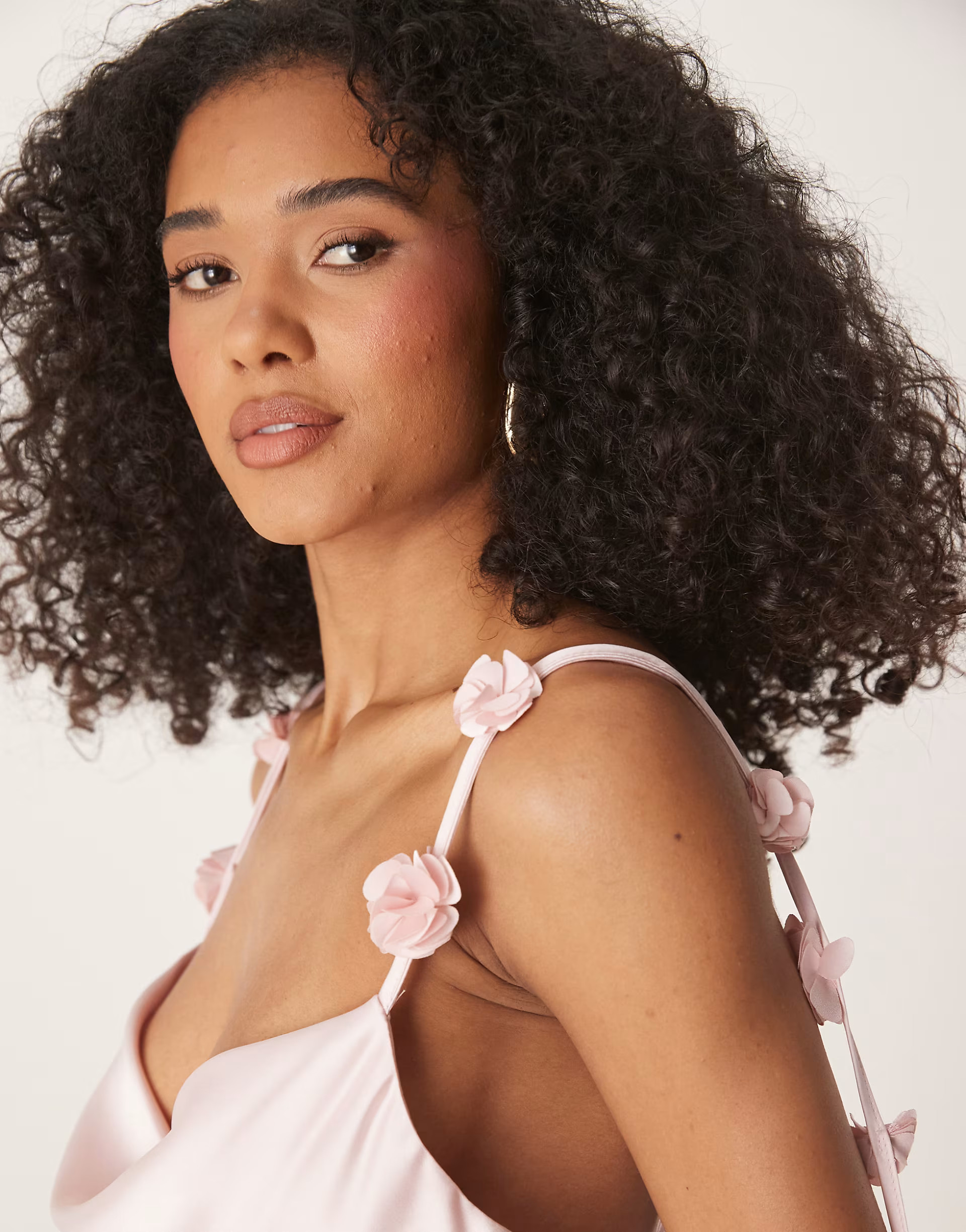 Gina Tricot midi satin cowl neck dress with 3D floral applique in light pink | ASOS | ASOS (Global)