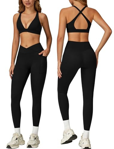 ABOCIW Workout Sets for Women 2 Piece Yoga Gym Set Deep V Neck Sports Bra Crossover Waist Leggings with Pockets Pilates Outfits Matching Athletic Sets Black Large | Amazon (US)