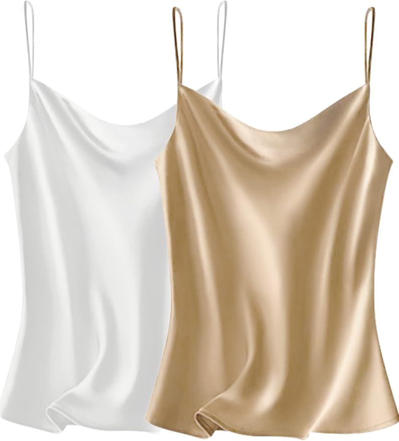 VIDUSSA Women's Cowl Neck Camis Satin Tank Top Silk Camisoles Sleeveless Blouses Tank Shirt 2 Pac... | Amazon (US)