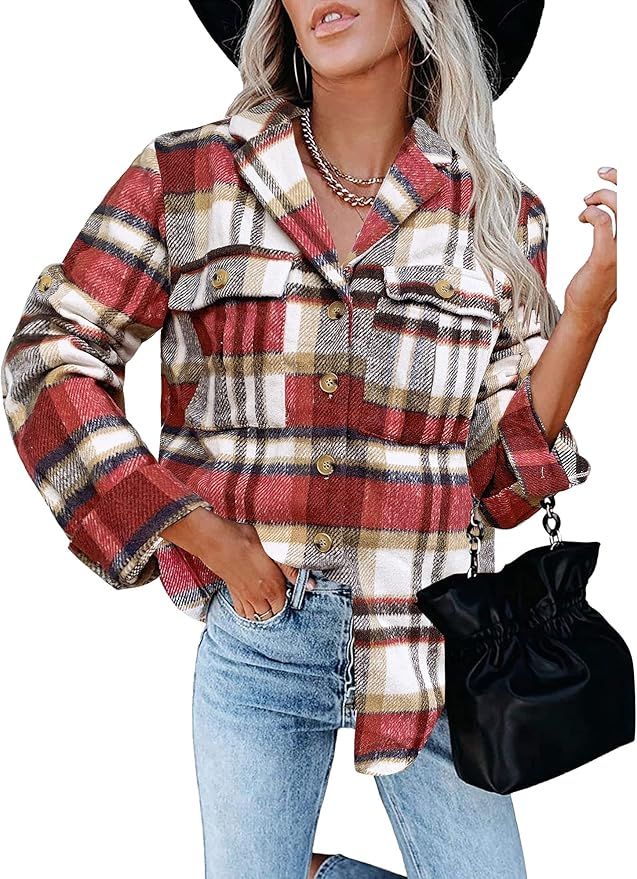 GRAPENT Women's Oversized Plaid Button Down Shirt Quilted Lined Shacket Jacket | Amazon (US)