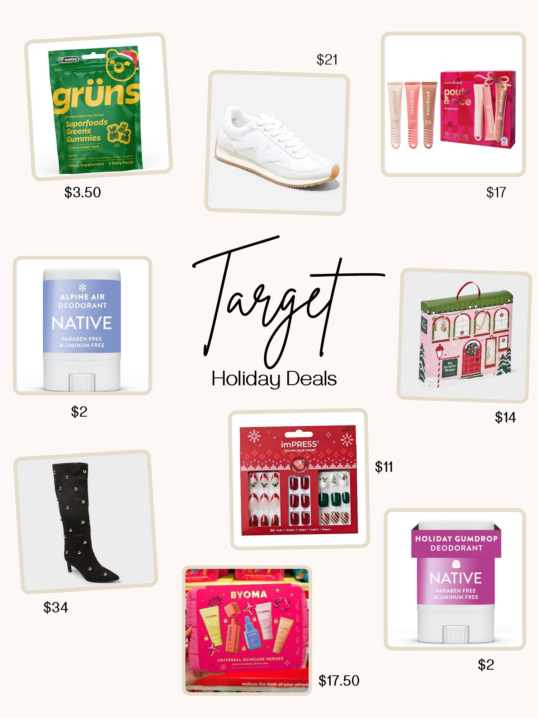Holiday deals at Target. Shoes and skincare sets on sale TODAY ONLY!!! Grubs, sneakers, lip set, native deodorant, black boots, Christmas nails, jewelry set.

#LTKGiftGuide #LTKSaleAlert #LTKselfcare