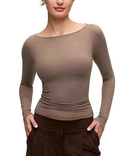 CRZ YOGA Softembrace Boat Neck Long Sleeve Shirts for Women - Casual Going Out Tops Soft Stretchy Fitted Fall T-Shirts Brown Purple Medium | Amazon (US)