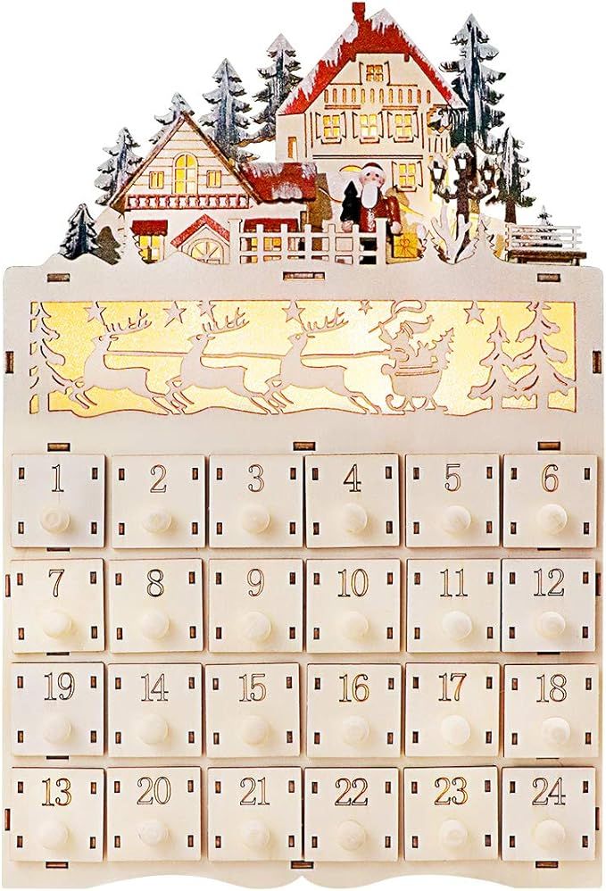 TOPNEW Wooden LED Christmas Sleigh Advent Calendar, 24 Opening Drawers Countdown to Traditional L... | Amazon (US)