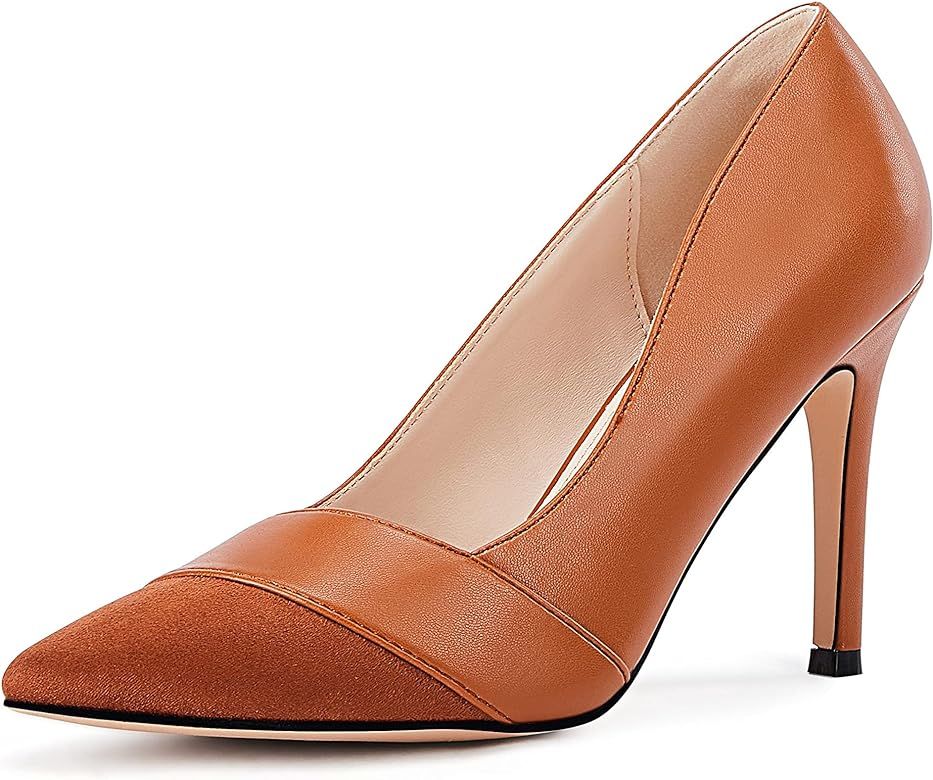 Women’s Pointed Toe Pumps High Heels Stilettos Color Block Slip-on Faux Leather Dress Party Sho... | Amazon (US)