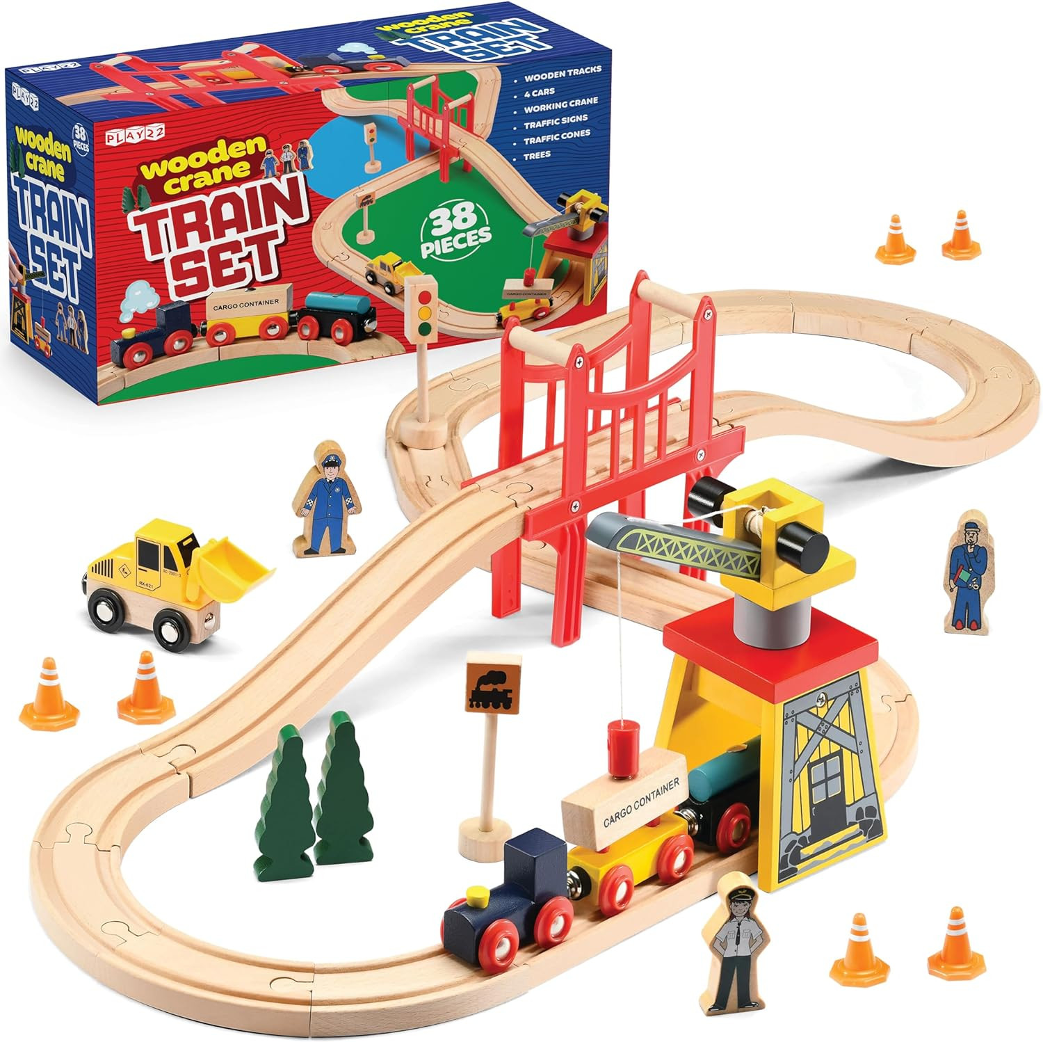 Wooden Train Set Toddler Toys - 38 Pcs Wood Train Track Set for Toddlers 3-4 Years with Crane, Br... | Amazon (US)