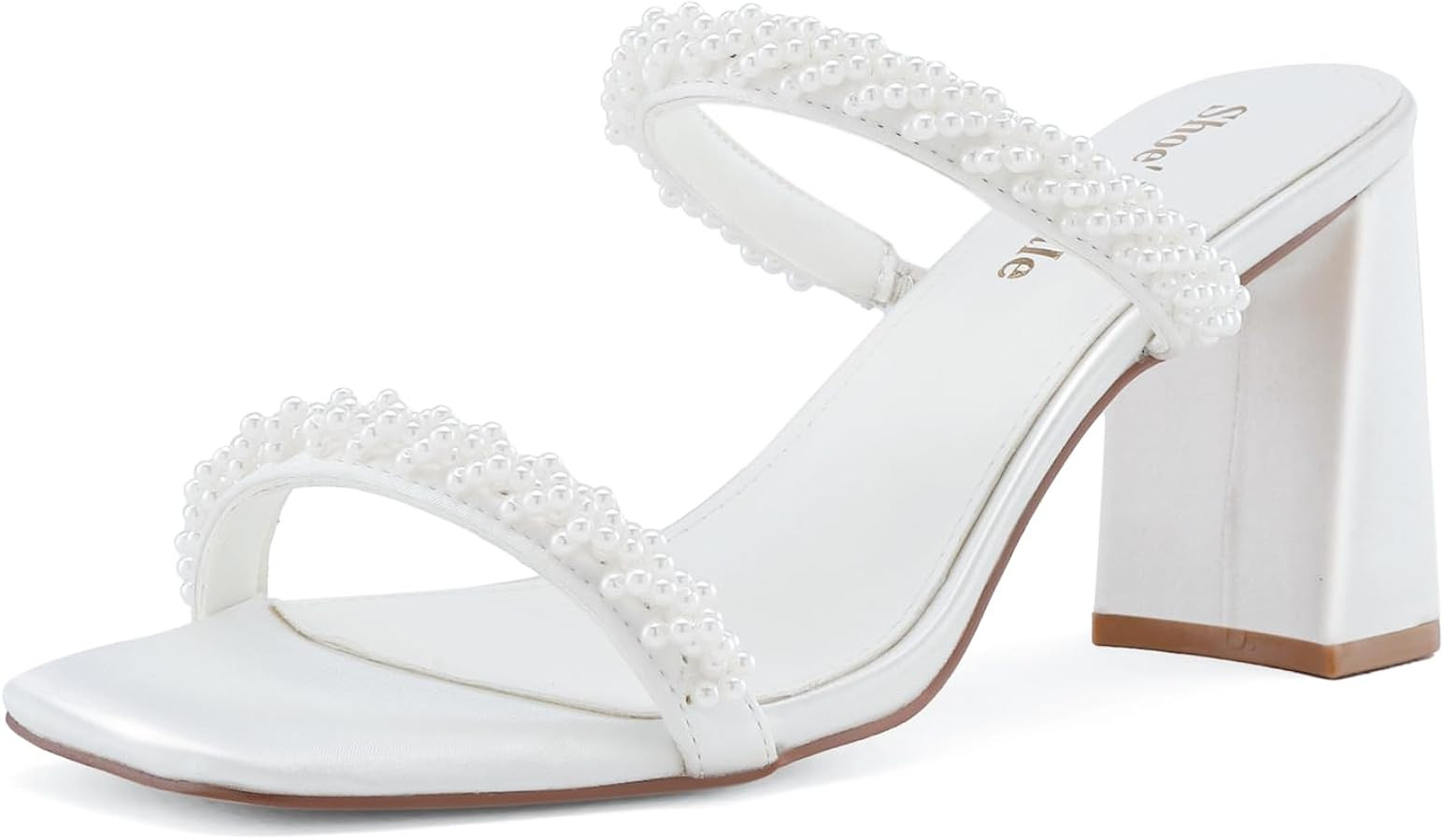 Shoe'N Tale Pearl Strappy Heels for Women Two Band Chunky Block Heeled Sandals Square Open Toe Ba... | Amazon (US)