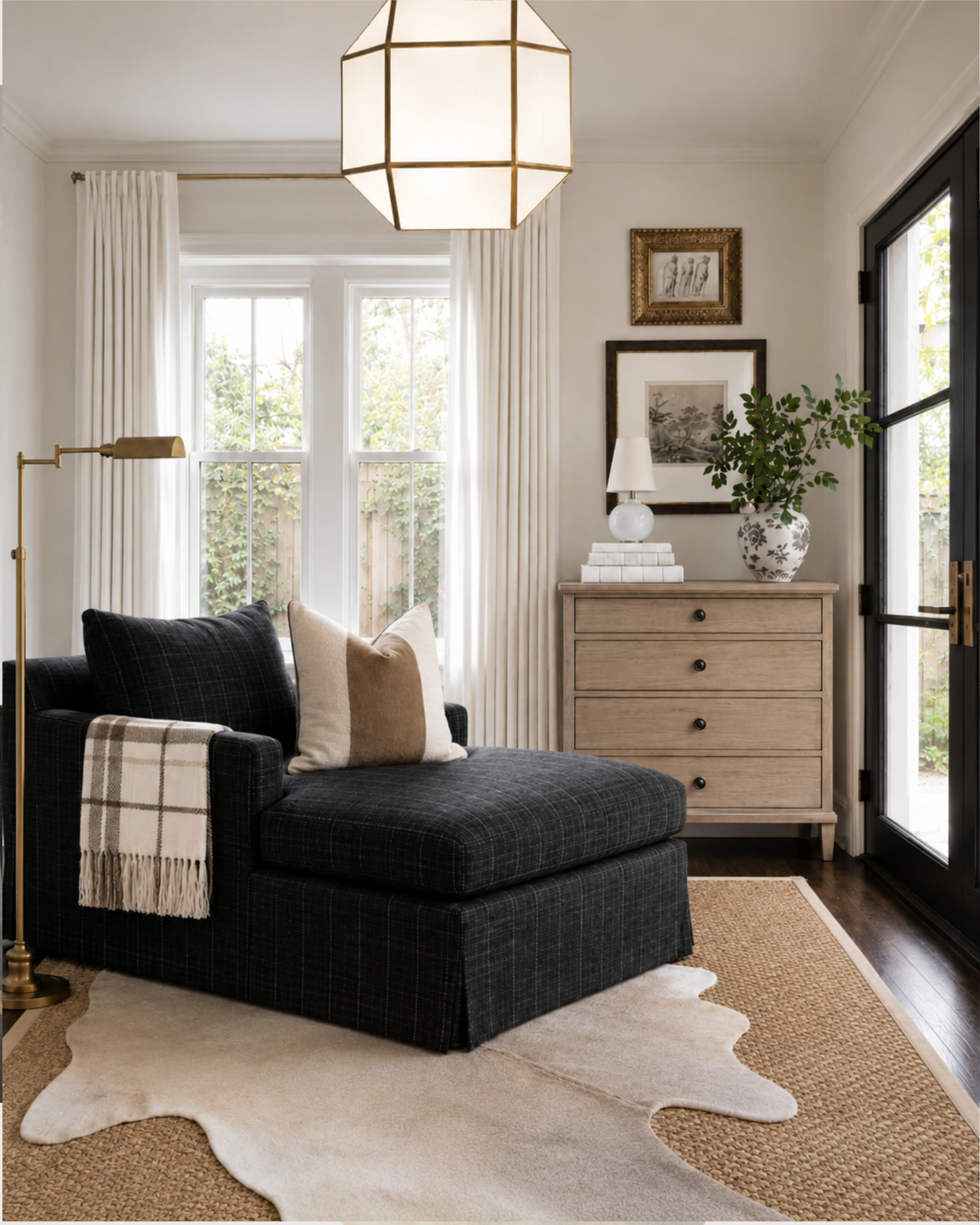 A tailored reading corner with classic home style, English country details, Ralph Lauren-inspired layers, black plaid upholstery, linen curtains, brass lighting, vintage artwork, warm wood furniture, jute rugs, cowhide texture, and collected neutral decor. The mix of tailored fabric, natural texture, antique-style art, and warm brass accents gives the space that polished-but-lived-in feeling that makes a room feel finished without looking overdone.

Disclosure: I may earn a small commission from purchases made through my links, at no additional cost to you. 

 #LTKHome