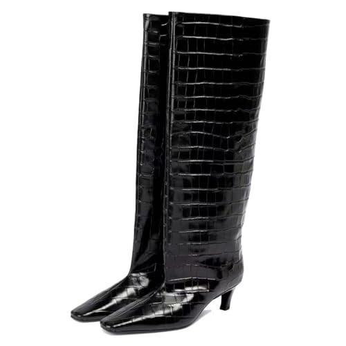 Beauty Cry Crocodile Black Knee High Boots Women Square Toe Low Kitten Heel Tall Boots | Amazon (US)