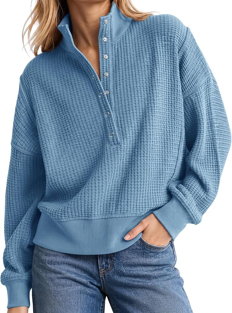 Fisoew Womens Sweatshirt Waffle Knit Oversized Button Henley Pullover Tops | Amazon (US)