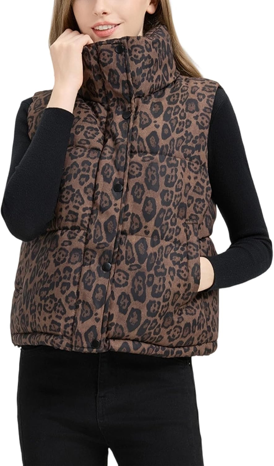 Womens Leopard Puffer Vest Stand Collar Sleeveless Quilted Vest Trendy Cheetah Vest Padded Jacket Coat with Pockets | Amazon (US)