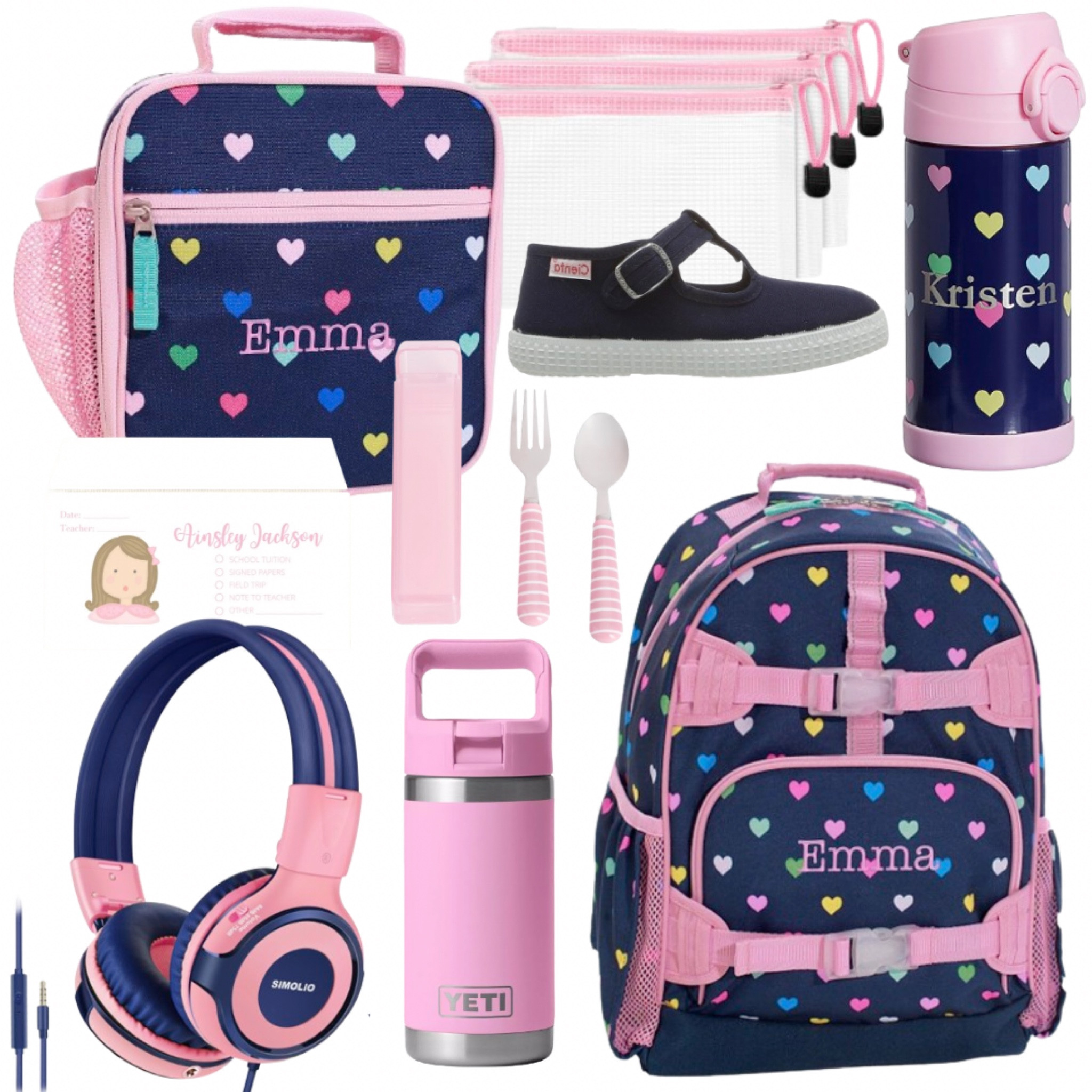This heart print has been around for a while (and for good reason, the navy/pink combo is such a classic!). Throwing into the mix really cute personalized envelopes that you can use for field trip or lunch money (or just teacher notes!). The zipper pouches are a favorite in our home - and the early years of elementary school require a spare outfit in a ziplock bag but these hold up a lot better! 

#LTKKids #LTKBacktoSchool #LTKFamily