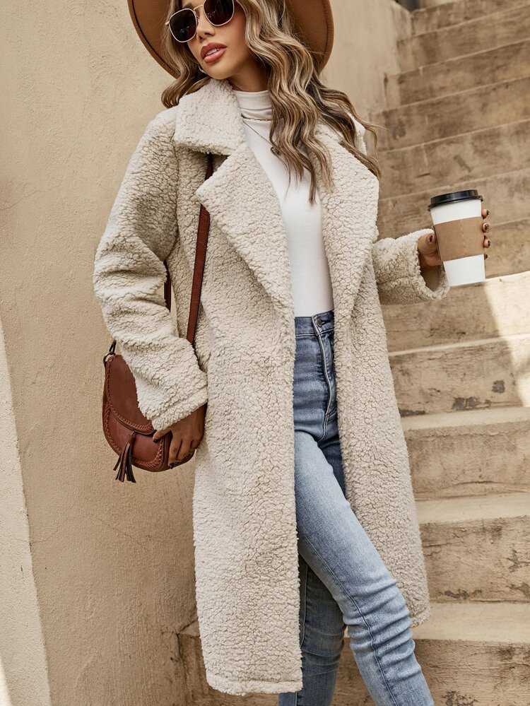 Lapel Neck Slant Pocket Teddy Coat | SHEIN