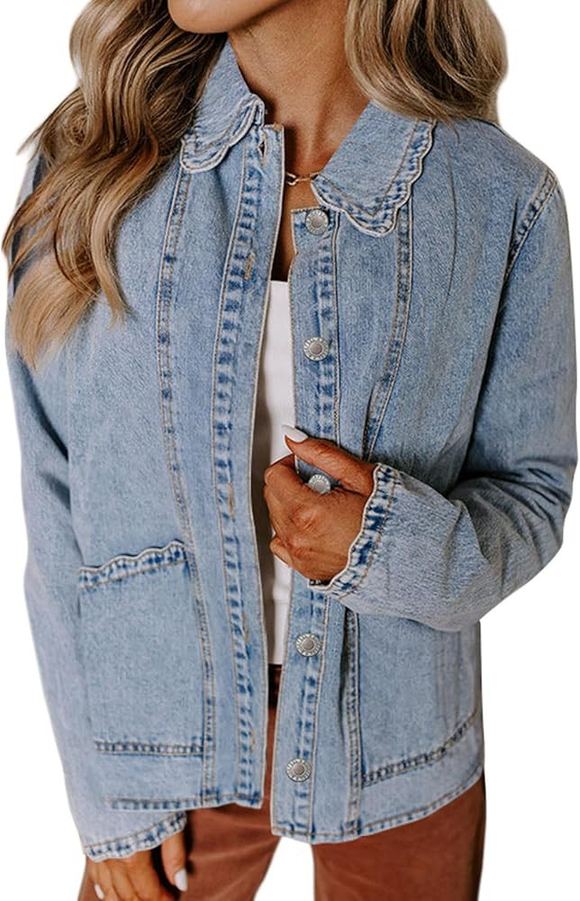 Sidefeel Women's Jean Jacket Long Sleeve Button Down Ruffled Denim Jacket Shacket | Amazon (US)
