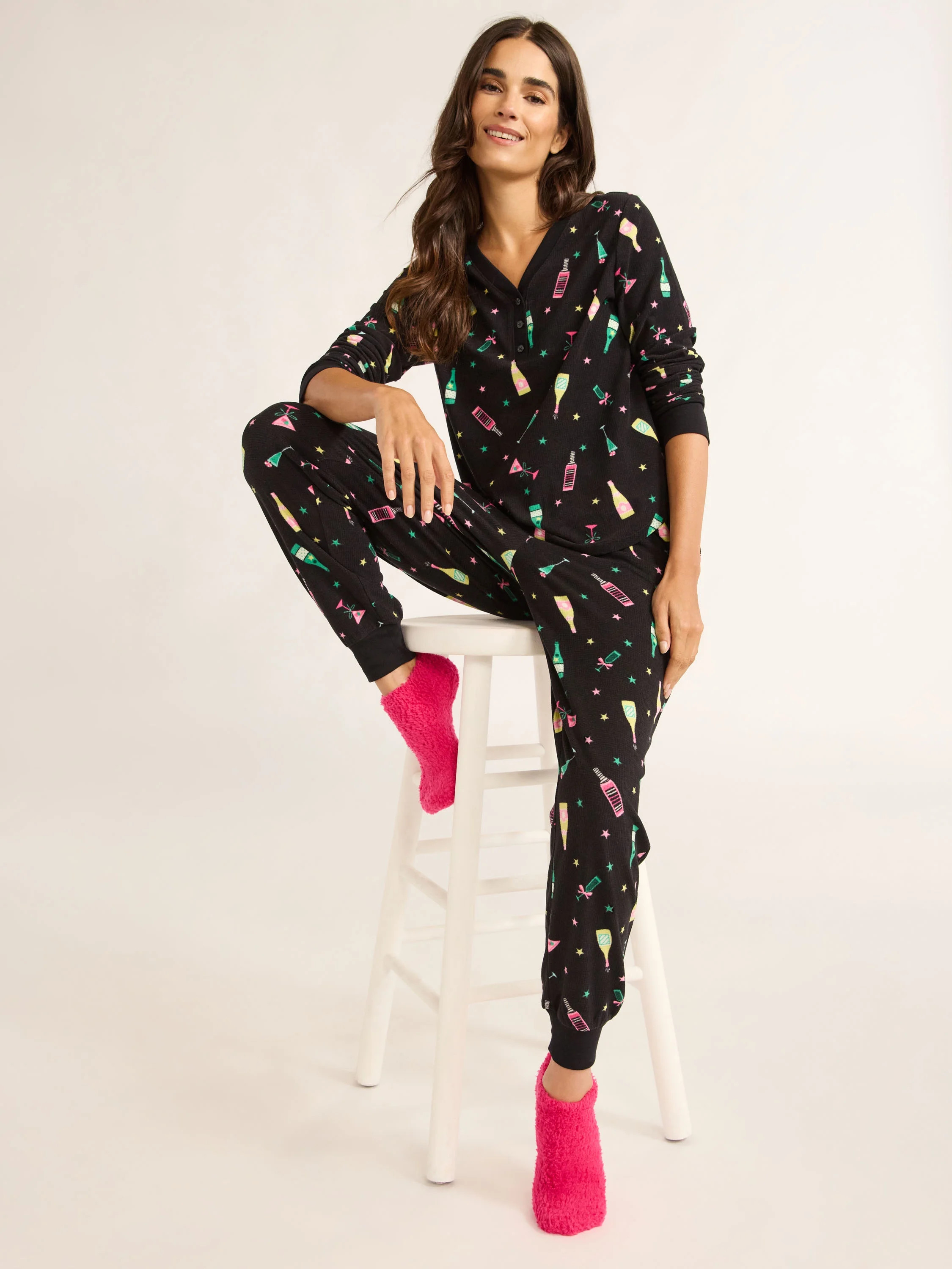 Joyspun Women's Velour Waffle Henley Sleep Top, Jogger Pants and Socks Pajama Set, 3-Piece, Sizes... | Walmart (US)